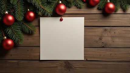 Obraz premium Greeting card christmas mockup with fir tree branches on dark wooden background