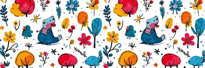 Whimsical and colorful doodle book pattern with hand drawn illustrations, art, education
