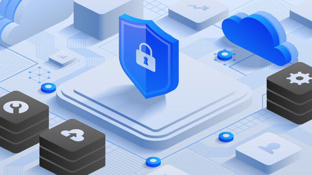 Cloud Encryption Shield. A shield with a lock over a cloud icon, illustrating cloud data encryption and security measures. Ideal for showcasing online protection and cybersecurity.