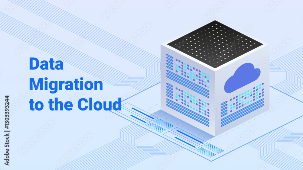 Poster data migration to the cloud. cube with a cloud icon on one side, connected to various lines indicati