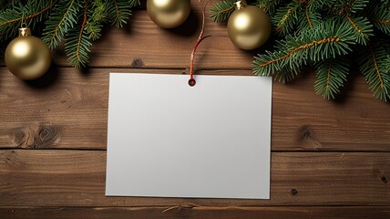 Obraz premium Greeting card christmas mockup with fir tree branches on dark wooden background