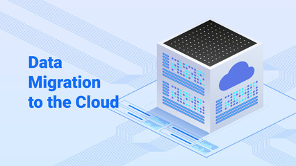 Data migration to the cloud. Cube with a cloud icon on one side, connected to various lines indicating data transfer pathways. Isometric vector illustration
