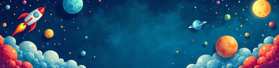 Whimsical seamless design featuring rockets, moons, and asteroids on blue backdrop, blue backdrop, objects