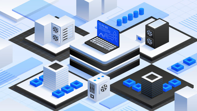 Data center technology, server cooling systems, and cloud infrastructure. Ideal for themes of digital transformation and IT innovation. Modern vector isometric illustration