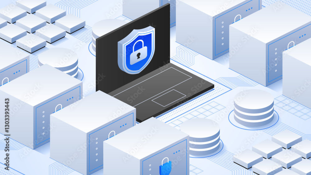 Poster cyber data security. laptop displaying a shield icon, emphasizing online data protection and cyberse