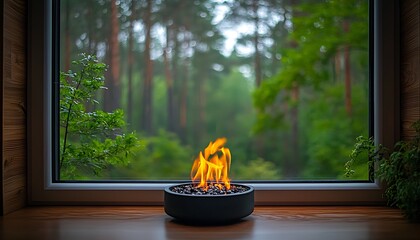 Obraz premium Cozy fire pit by window, forest view