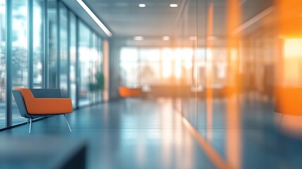 Fototapeta premium empty open space office with a blurred modern interior featuring panoramic windows glass partitions and sleek corporate design with orange color accents and abstract lighting