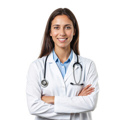 Confident female doctor in white lab coat stethoscope around neck exuding expertise and warmth