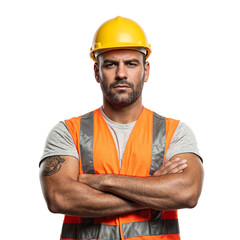 Portrait of a determined construction worker in orange vest and yellow hard hat exuding strength and dedication
