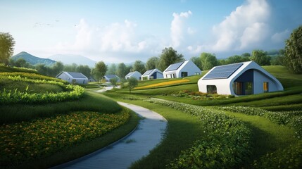 Naklejka premium Serene Eco-Friendly Homes Nestled in Lush Green Hills Modern Architecture Peaceful Landscape Aerial View Sustainable Living