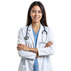 Fototapeta premium Confident female doctor in white lab coat stethoscope around neck exuding expertise and warmth