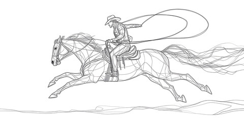 Single line illustration of cowboy riding horse and throwing rope lasso. Cowboy on bucking horse running with lasso in continuous line design, white background