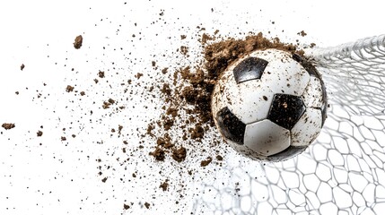 Soccer Ball Hitting Goal Net with Dirt Explosion