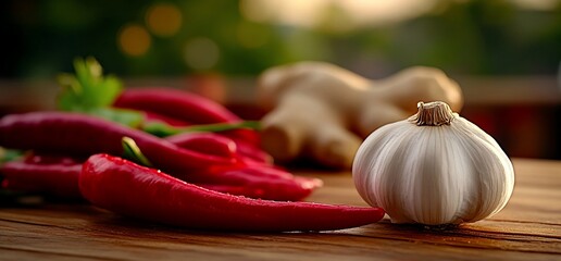 Fresh Chili Peppers, Garlic, and Ginger on Wooden Surface