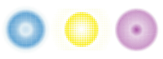 Set of halftone dots of round shape isolated empty background. Set of colored halftone dots faded gradient texture. Retro pixelated vector backdrop circular halftone. Abstract dotted circles halftone.