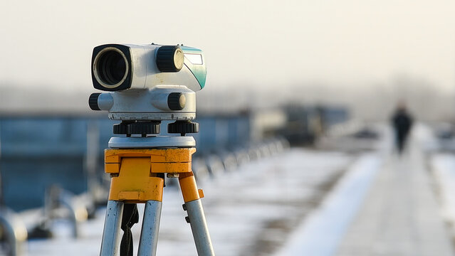 Surveyor equipment tacheometer or theodolite outdoors at construction site