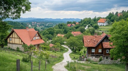 Picturesque Village nestled in the hills, boasting charming houses and stunning mountain views.