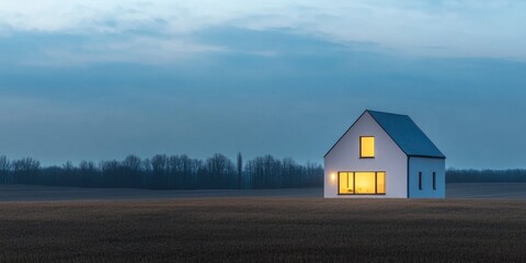 Obraz premium white modern house with its lights on stands in a field at dusk, real estate