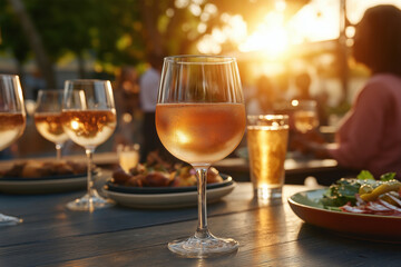 Evening gathering with refreshing drinks and delicious food at a sunlit outdoor table