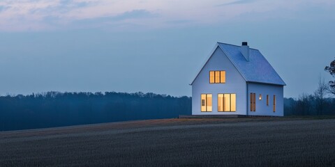 white modern house with its lights on stands in a field at dusk, real estate