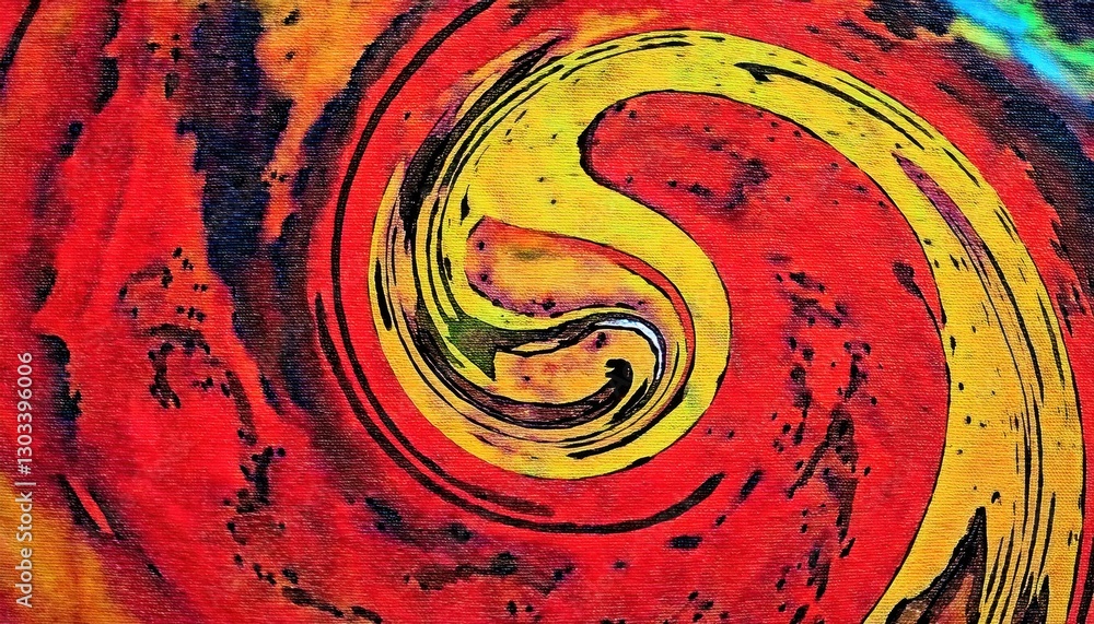 Poster abstract fiery swirl in red and yellow with bold black accents, dynamic vortex design, perfect for m