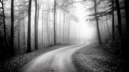 Misty Forest Path: A Monochrome Journey