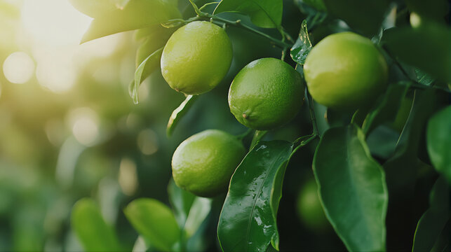 Fresh green natural lime fruits on the tree branches isolated. 