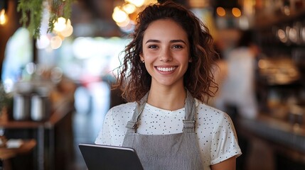 restaurant owner and happy waitress in a modern small business setting using digital ordering technology to enhance customer service and showcase a professional dining experience