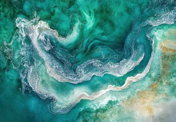 Aerial View of Turquoise Ocean Waves Flowing Gently Over Sandy Shoreline with Textured Patterns and Vibrant Colors Captured from Above for Scenic Background