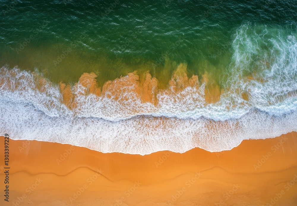 Poster aerial view of turquoise ocean waves gently lapping against golden sandy beach with textured pattern