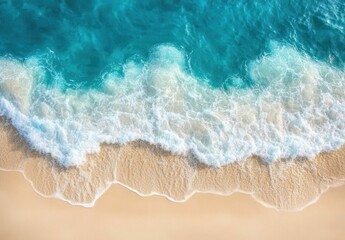 Obraz premium Aerial view of turquoise ocean waves gently lapping onto a sandy beach creating a picturesque tropical shoreline landscape under bright sunlight