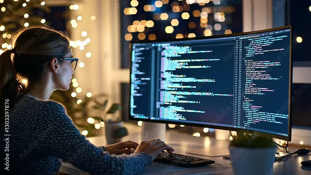 Poster female programmer working on code in a contemporary city apartment workspace.