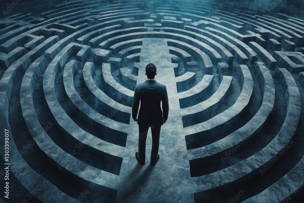 Poster a businessman stands facing a complex pattern. it symbolizing challenges and decision-making in prof