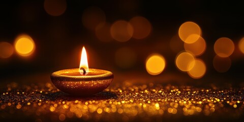 Glowing diya illuminates dark space during festive celebration at night