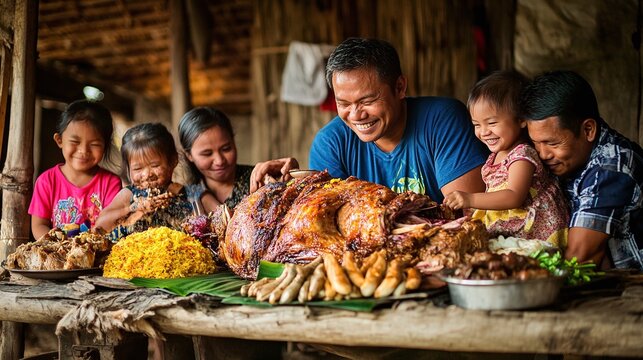 heartwarming filipino birthday celebration with a family gathering around a traditional lechon feast sharing delicious food laughter and cultural heritage in a festive and memorable event