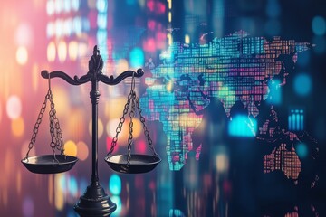 A global finance law concept with scales of justice overlaid on a world map filled with stock market symbols