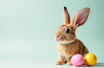 Obraz premium Easter bunny on a monochrome background, looking at the camera. There are beautiful painted Easter eggs next to it. A copy of the space for the text and caption. A greeting card, a wish.