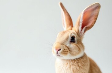Fototapeta premium Easter bunny on a monochrome background, looking at the camera. A copy of the space for the text and caption. A greeting card, a wish. The concept of happy Easter.
