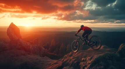 Obraz premium Sunset Mountain Biking Adventure: A Thrilling Descent