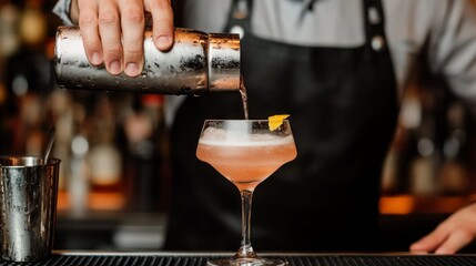 Under warm bar lights, a skilled bartender pours a vibrant cocktail into an elegant glass, highlighting refreshing colors and citrus zest for the perfect evening treat