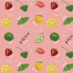 Pattern of fruit with inscriptions and pink background. Can be used as wrapping paper, notebook cover, clothes, bags, tablecloth, picture, screensaver, background for applications