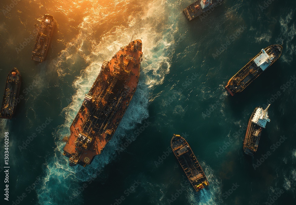 Poster aerial view of various ships navigating through turbulent waters during golden hour with sunlight re
