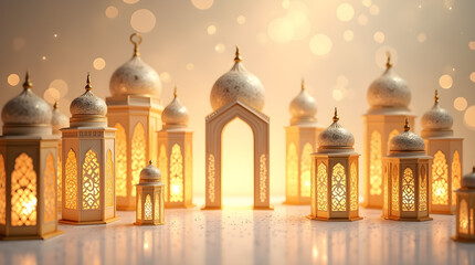 Fototapeta premium Warm Golden Islamic Lanterns Archway Ramadan Eid Festive Decorations