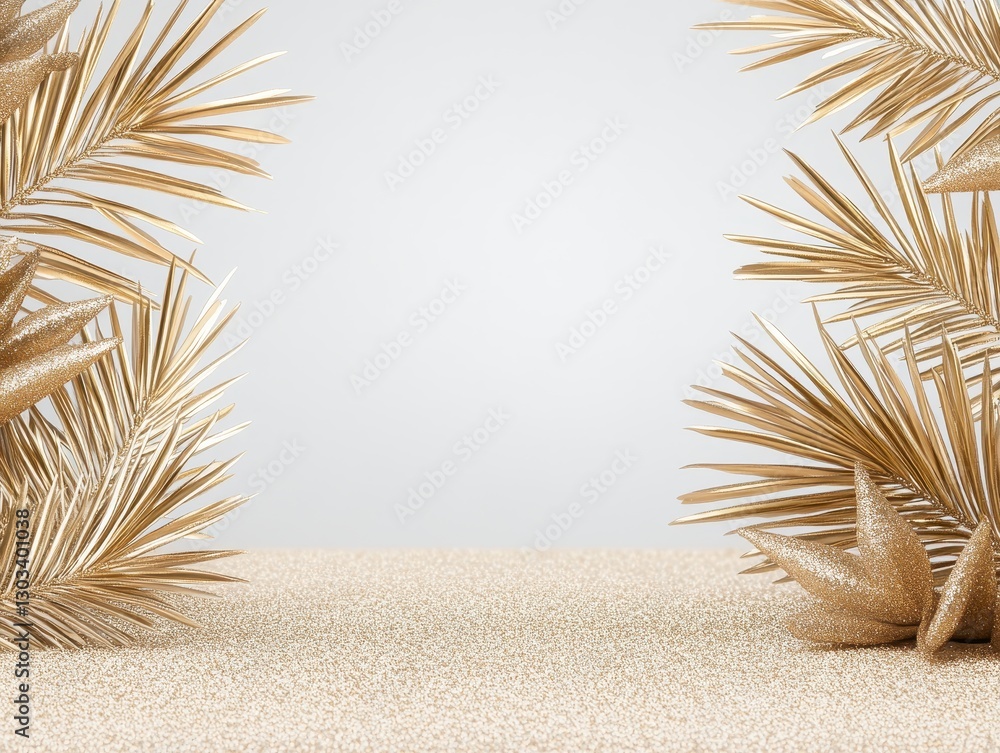Poster golden palm leaves arranged elegantly on a textured surface with a soft background