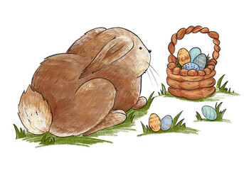 Easter Bunny with Basket of Easter eggs. Illustration in color - digitial pencil. Transparent background