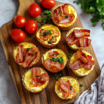 Board with mini omelets in muffin form, crispy bacon, and fresh tomatoes