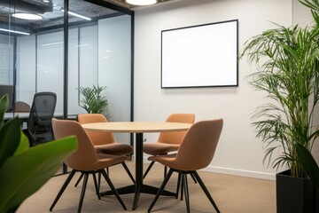 Fototapeta premium A white, modern office interior with panoramic windows and a concrete floor, an empty wall for text or graphics