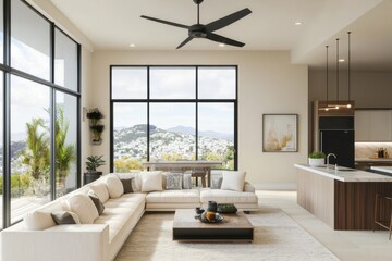 Fototapeta premium A spacious living room with a white sofa, wooden coffee table, and chairs near a large window overlooking a cityscape view