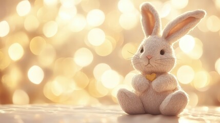 Plush Bunny with Heart in Golden Light.  Sweetness and Softness for Easter Holiday Season