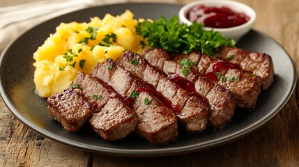 Grilled steak with mashed potatoes and sauce on plate